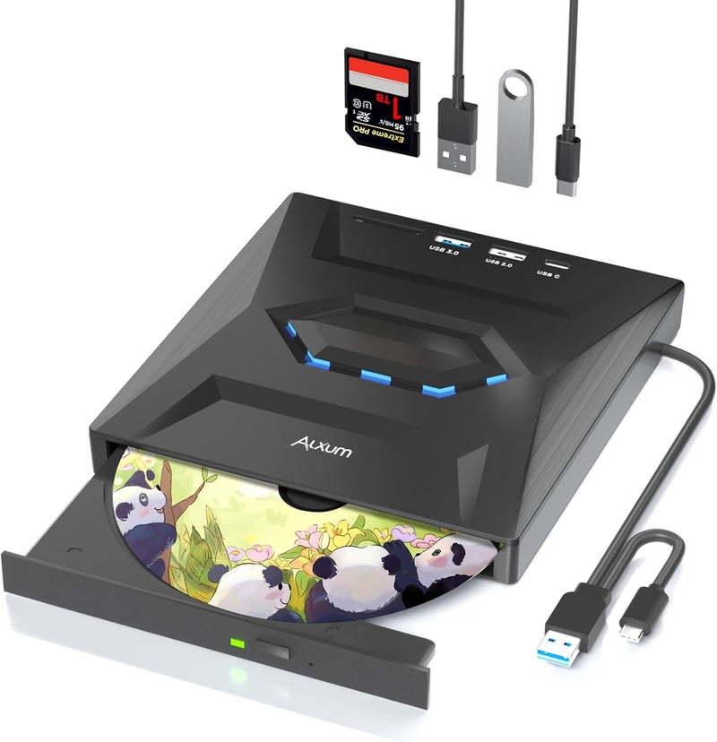 ALXUM محرك أقراص CD/DVD خارجي للكمبيوتر المحمول، نوع-C USB 3.0 مشغل أقراص مضغوطة محمول مع فتحة بطاقة SD ومنافذ USB DVD 8X CD 24X سرعة فائقة لنظام Windows/Mac OS/Linux/Vista - Image 1
